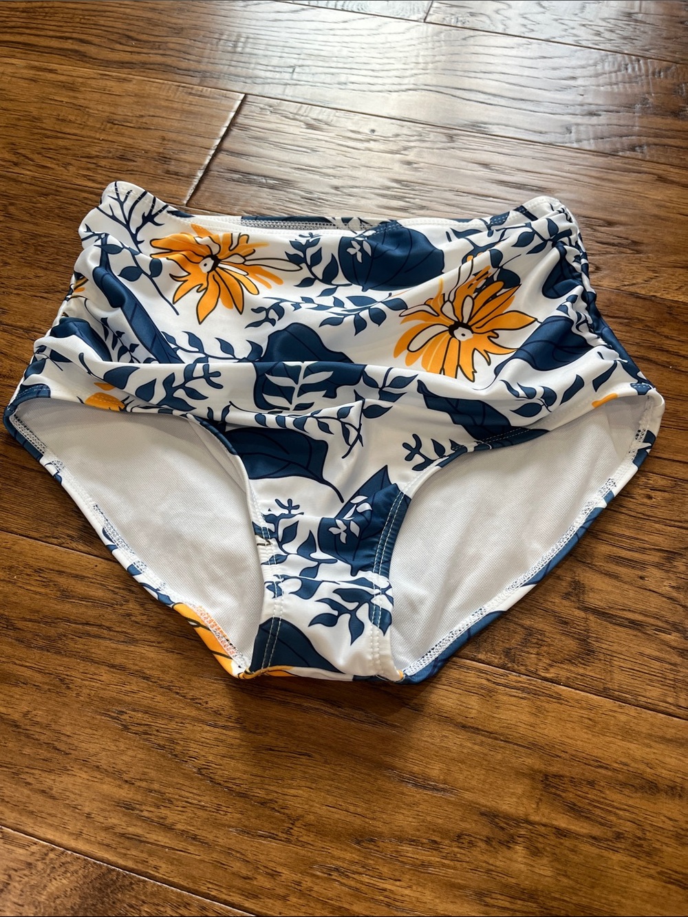 High-Waist Floral Swim Bottoms in Navy & Yellow